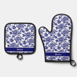 Blaue und weiße Dahlienblumen Toile de Jouy Ofenhandschuh & Topflappen-Set