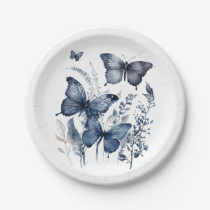 Blaue und weiße Delft-Kunstschmetterlinge mit Blum Pappteller