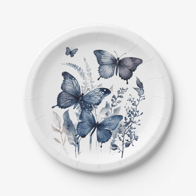 Blaue und weiße Delft-Kunstschmetterlinge mit Blum Pappteller (Vorderseite)