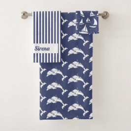 Blaue und weiße Dolphin und Segelboot der Seestrei Badhandtuch Set