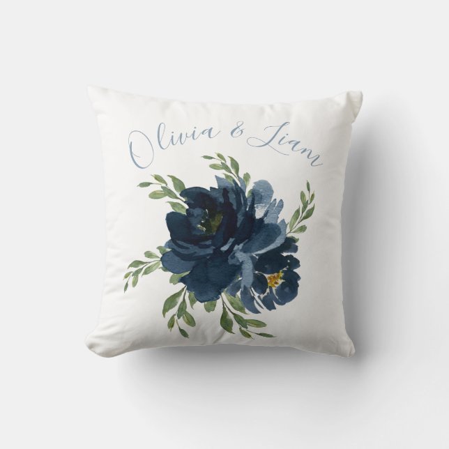 Blaue und weiße elegante Namen Wasserfarbenhochzei Kissen (Vorderseite)