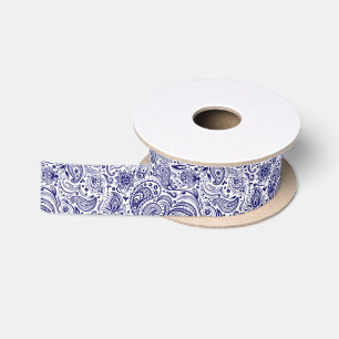 Blaue und weiße Flora Paisley Satinband