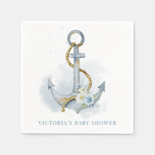 Blaue und weiße florale Anker-nautische Babyparty Serviette