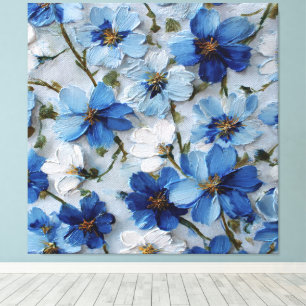 Blaue und weiße florale Öl-Abstrakt-Wandkunst Leinwanddruck