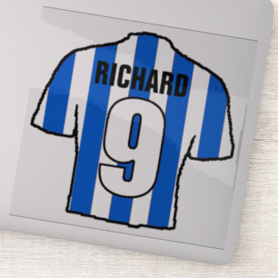 Blaue und weiße Fußballtrikot zum Personalisieren. Aufkleber