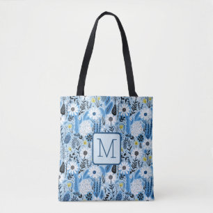 Blaue und weiße Gänseblümchen und Blätter Block-Mo Tasche