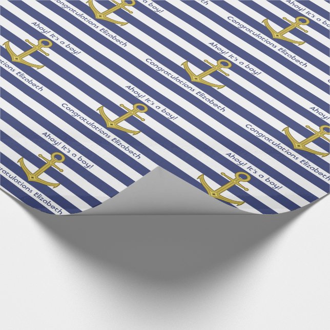 Blaue und weiße gestreifte Seejungen-Babyparty Geschenkpapier (Ecke)