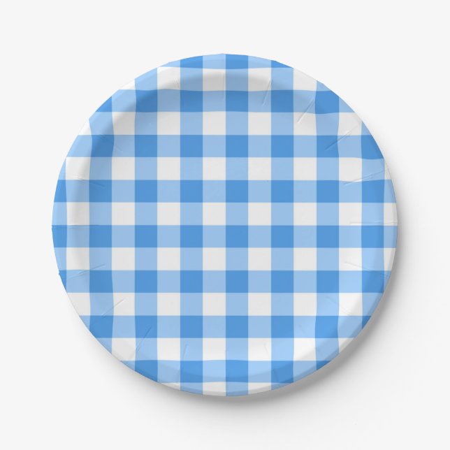 Blaue und weiße Gingham-Karo-Muster Pappteller (Vorderseite)