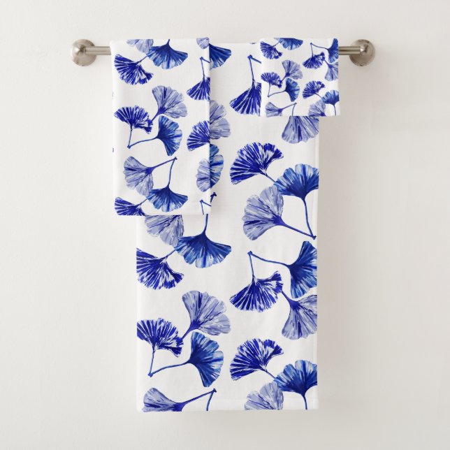 Blaue und weiße Gingko-Blätter Badhandtuch Set (Insitu)