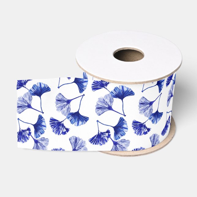 Blaue und weiße Gingko-Blätter Ripsband (Spule)