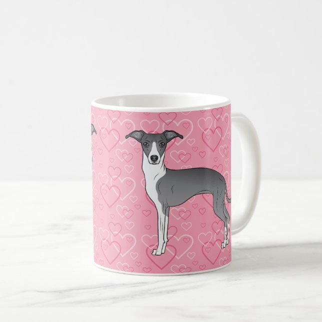 Blaue und weiße Grauhound auf rosa Herzen Kaffeetasse (VorderseiteRechts)