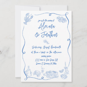 Blaue und weiße handgezeichnete Hochzeit Einladung