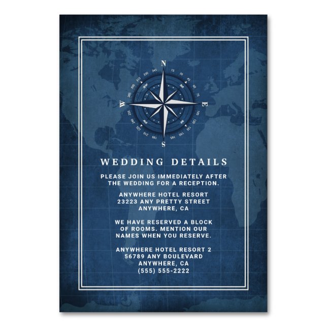 Blaue und weiße Hochzeitkarten der Nautischen Mari Tischnummer (Vorderseite)