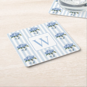 Blaue und weiße Hortensien auf Streifen-Monogramm Rechteckiger Pappuntersetzer