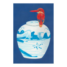 Blaue und weiße Ingwerjar mit rotem Königsvogel