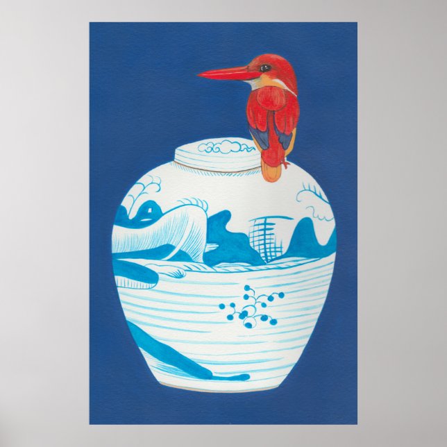 Blaue und weiße Ingwerjar mit rotem Königsvogel Poster (Vorne)