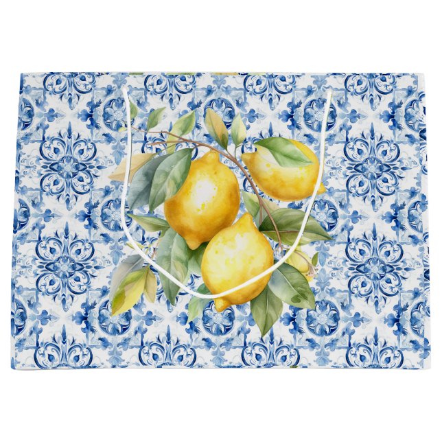 Blaue und weiße italienische Aquarellfliesen und Z Große Geschenktüte (Vorderseite)