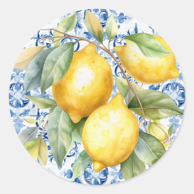 Blaue und weiße italienische Aquarellfliesen und Z Runder Aufkleber (Vorderseite)