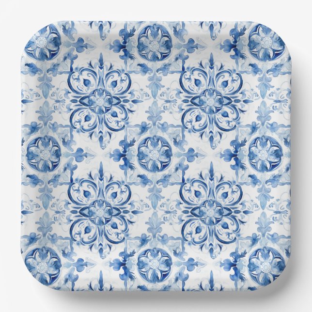 Blaue und weiße italienische Aquarellmuster Pappteller (Vorderseite)