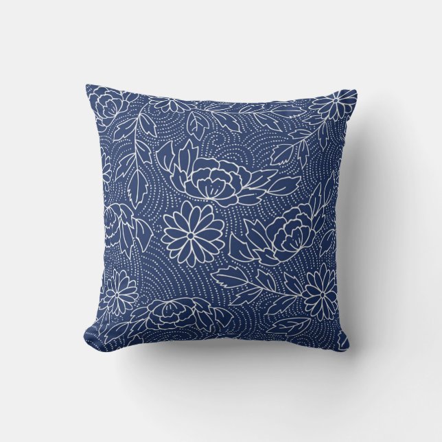 Blaue und weiße japanische Blume Kissen (Vorderseite)