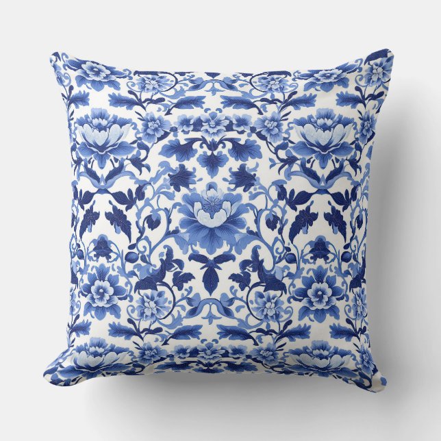 Blaue und weiße Jugendstil Chinoiserie Lotus Kissen (Vorderseite)