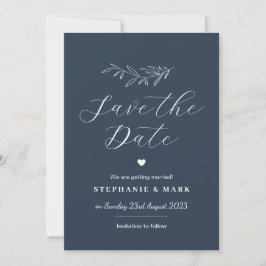 Blaue und weiße Kalligrafie-Hochzeit retten das Da Einladung