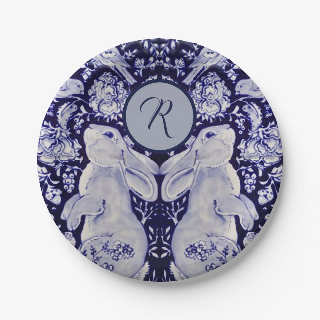 Blaue und weiße Kaninchen Bunny Birds Ursprünglich Pappteller (Vorderseite)