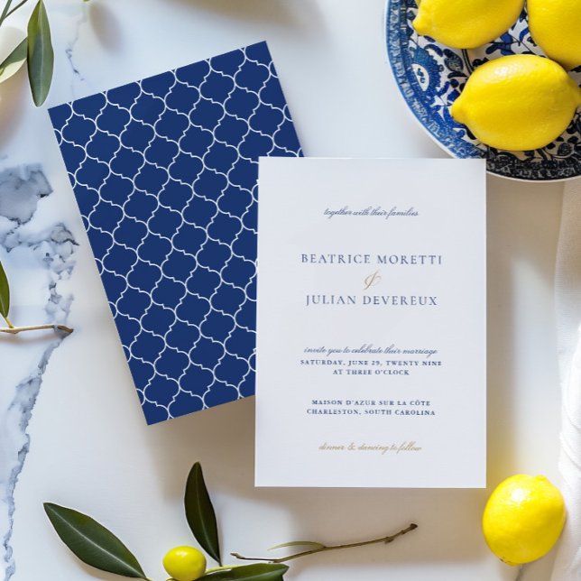 Blaue und weiße klassische Mediterrane Hochzeit Einladung (Blue & White Classic Mediterranean Tile Wedding Invitation)
