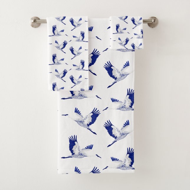 Blaue und weiße Krane Badhandtuch Set (Insitu)
