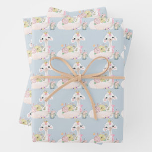 Blaue und weiße Lama-Baby-Party für einen Jungen  Geschenkpapier Set