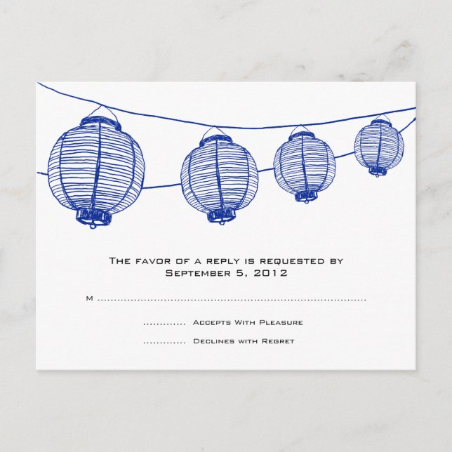 Blaue und weiße Lanterns HochzeitsrSVP Einladungspostkarte (Vorderseite)
