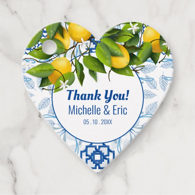 Blaue und weiße Lemon Mittelmeer Hochzeit Geschenkanhänger (Vorderseite)