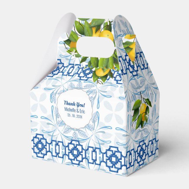 Blaue und weiße Lemon Mittelmeer Hochzeit Geschenkschachtel (Vorderseite)