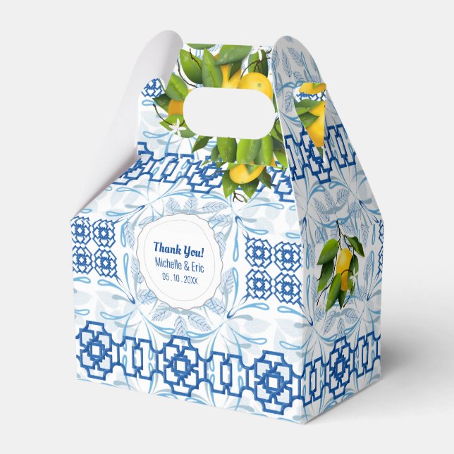 Blaue und weiße Lemon Mittelmeer Hochzeit Geschenkschachtel (Vorderseite)