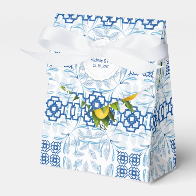 Blaue und weiße Lemon Mittelmeer Hochzeit Geschenkschachtel (Vorderseite)