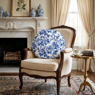 Blaue und weiße Magnolien Toile de Jouy Rundes Kissen
