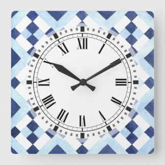 Blaue und weiße marokkanische Geometrische Küche Quadratische Wanduhr