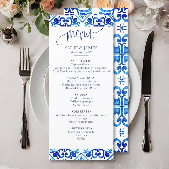 Blaue und weiße marokkanische Musterhochzeit Menükarte (Von Creator hochgeladen)
