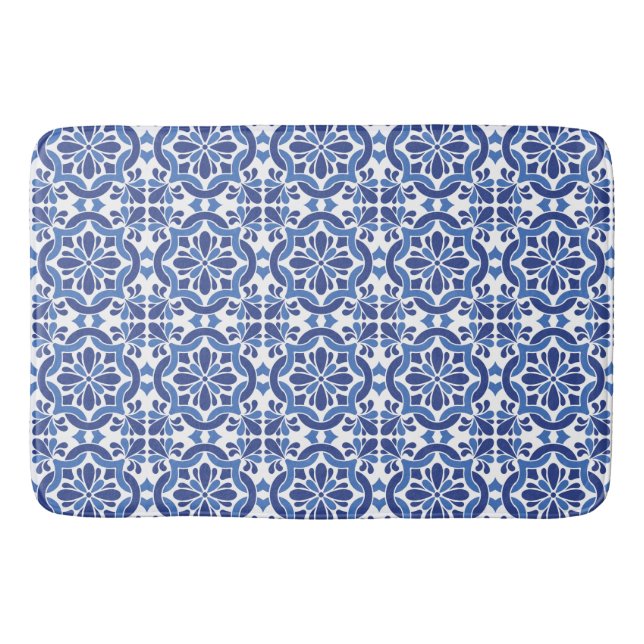 Blaue und weiße mediterrane Fliesen Badematte (Vorderseite)