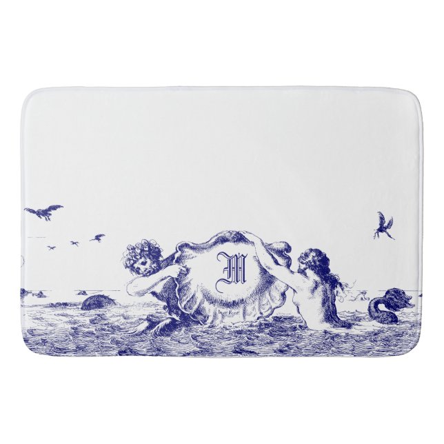 Blaue und weiße Mermaids mit Seehölle Monogramm Badematte (Vorderseite)