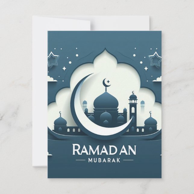 Blaue und weiße moderne Ramadan Mubarak-Karte Mitteilungskarte (Vorderseite)