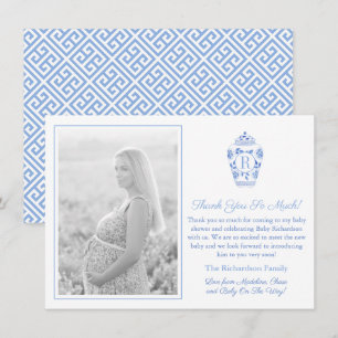 Blaue und weiße Monogramm-Baby-Shower-Foto Dankeskarte