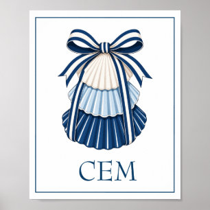 Blaue und weiße Muscheln und Bänder Monogramm Poster