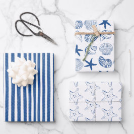 Blaue und weiße Muscheln und Streifen Geschenkpapier Set
