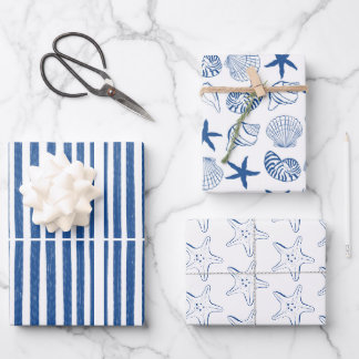 Blaue und weiße Muscheln und Streifen Geschenkpapier Set