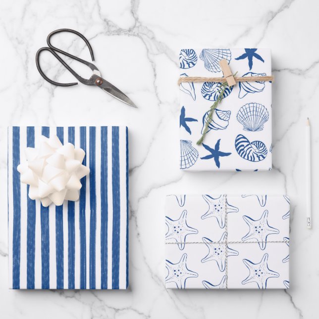 Blaue und weiße Muscheln und Streifen Geschenkpapier Set (Vorderseite)