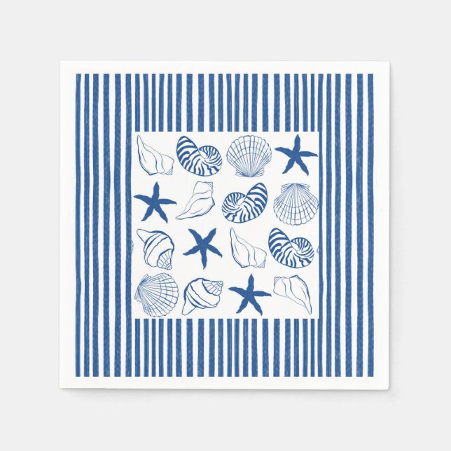 Blaue und weiße Nautikstreifen und Muscheln Serviette (Vorderseite)