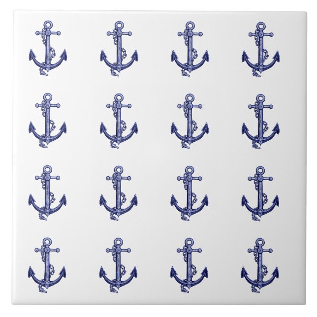 Blaue und weiße nautische Anker Keramik Fliese (Vorderseite)