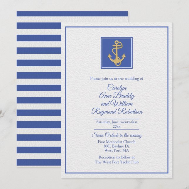 Blaue und weiße Nautische Hochzeit Einladung (Vorne/Hinten)