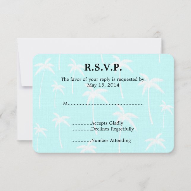 Blaue und weiße Palmen Hochzeitszitate RSVP Karte (Vorderseite)